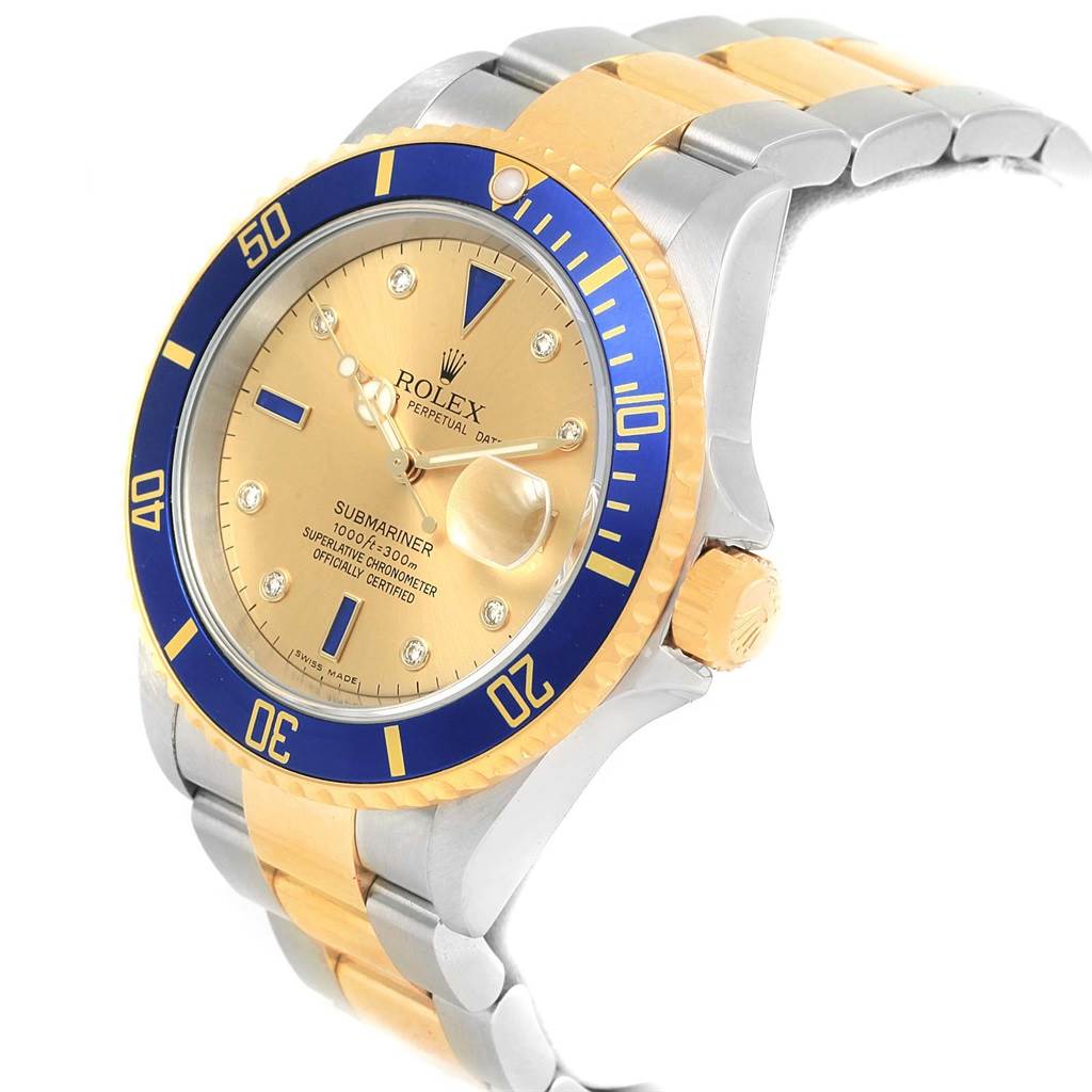 The image shows a side and front view of a Rolex Submariner 16613 Men's Steel and Gold (two tone) Champagne Dial 16613 Men's Steel and Gold (two tone) Champagne Dial watch featuring a two-tone bracelet and blue bezel.