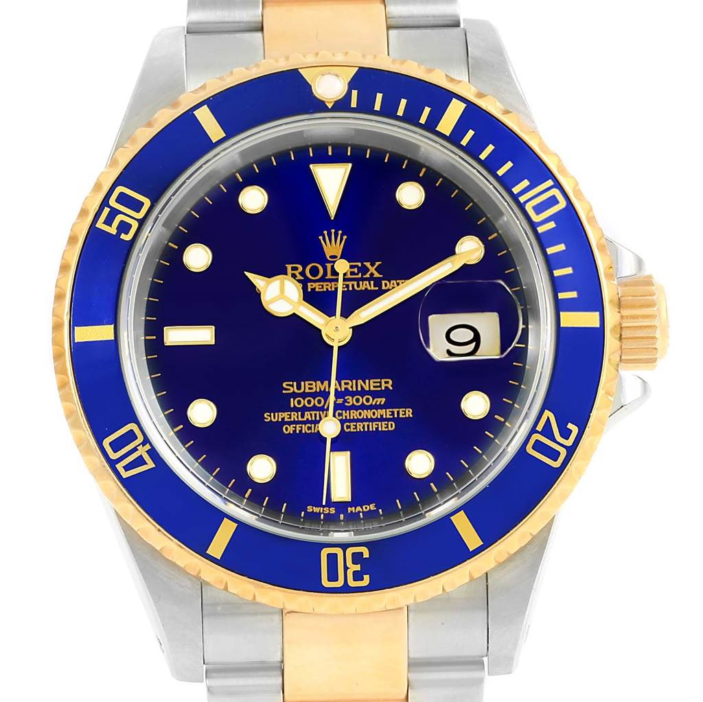 This is a front view of the Rolex Submariner 16613 Men's Steel and Gold (two tone) Blue Dial 16613 Men's Steel and Gold (two tone) Blue Dial showing the dial, bezel, crown, and part of the bracelet.