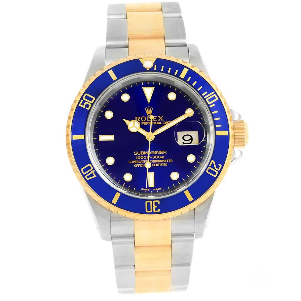 This is a front view of the Rolex Submariner 16613 Men's Steel and Gold (two tone) Blue Dial 16613 Men's Steel and Gold (two tone) Blue Dial, showing the watch face, bezel, and bracelet.