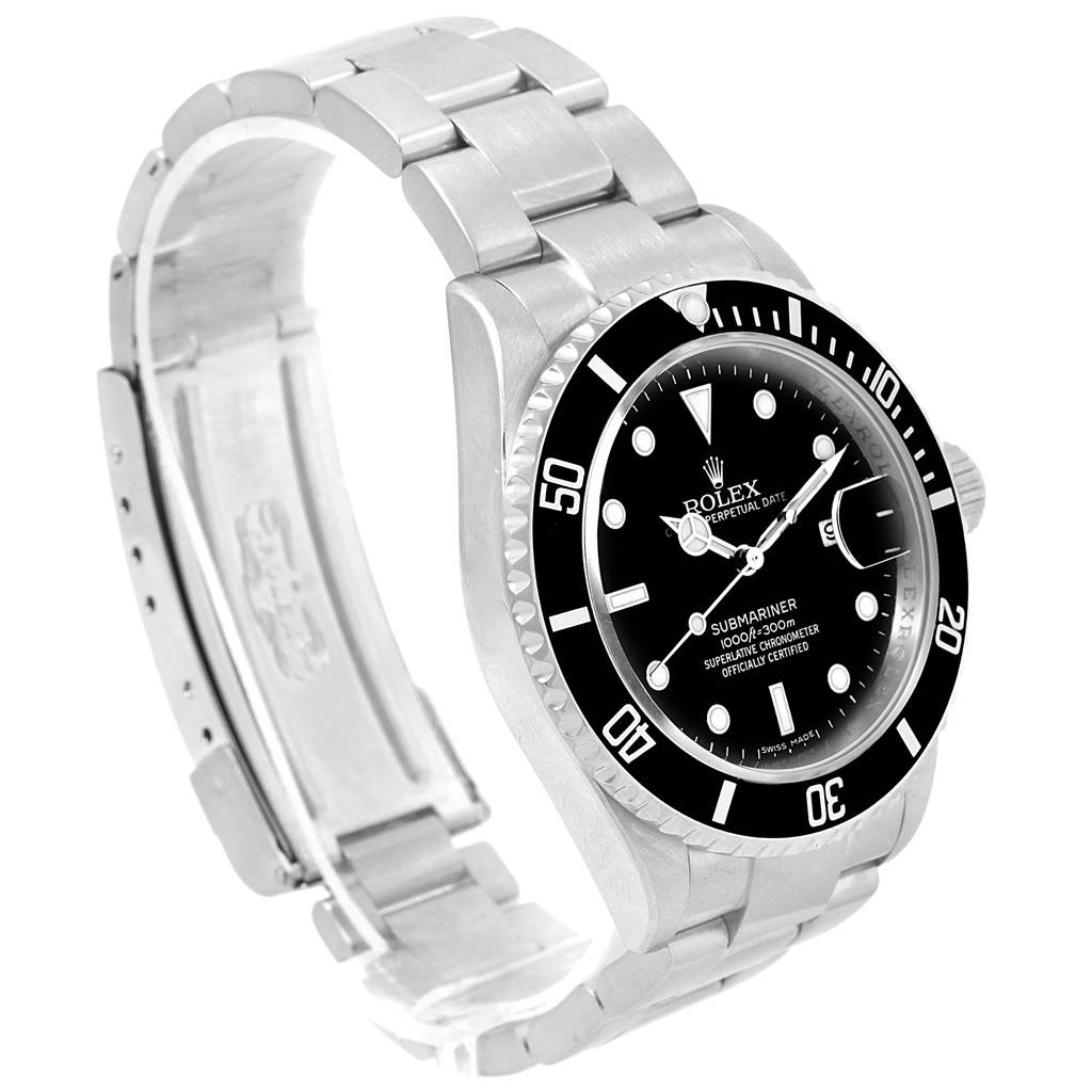 The image shows a side angle view of the Rolex Submariner 16610 Men's Stainless Steel Black Dial 16610 Men's Stainless Steel Black Dial, highlighting its face, bezel, and bracelet.