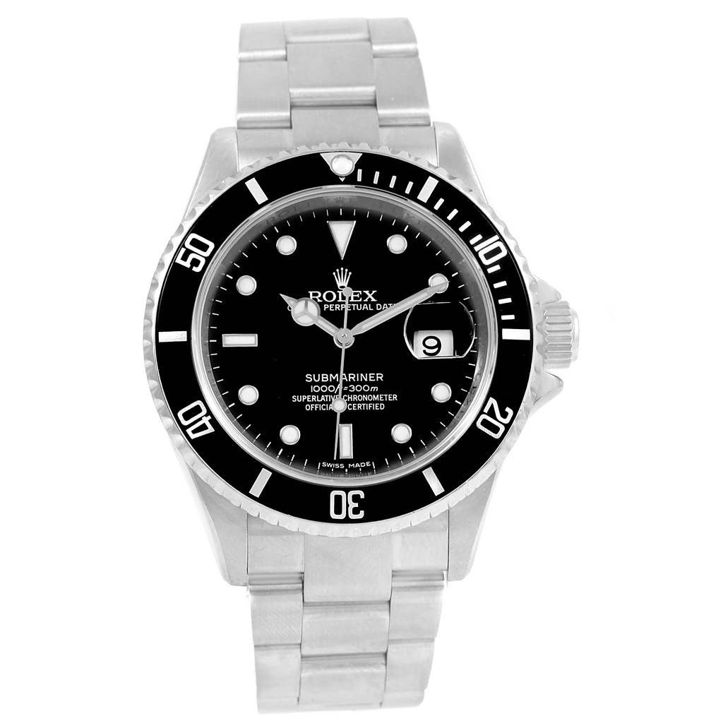 The image shows a front view of a Rolex Submariner 16610 Men's Stainless Steel Black Dial 16610 Men's Stainless Steel Black Dial watch, displaying its face, bezel, and bracelet.