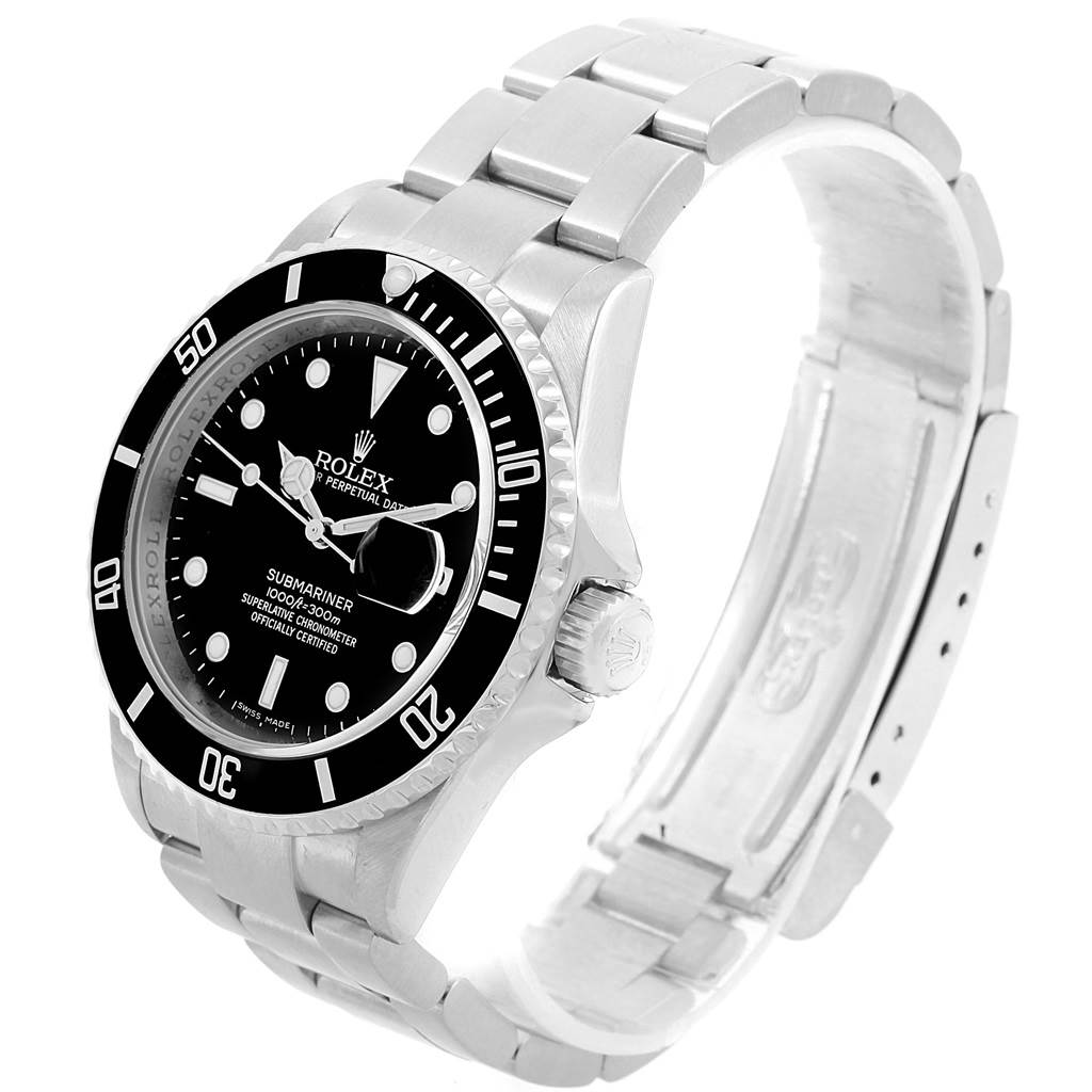 The image shows a Rolex Submariner 16610 Men's Stainless Steel Black Dial 16610 Men's Stainless Steel Black Dial watch at a slight angle, highlighting the face, bezel, crown, and bracelet.