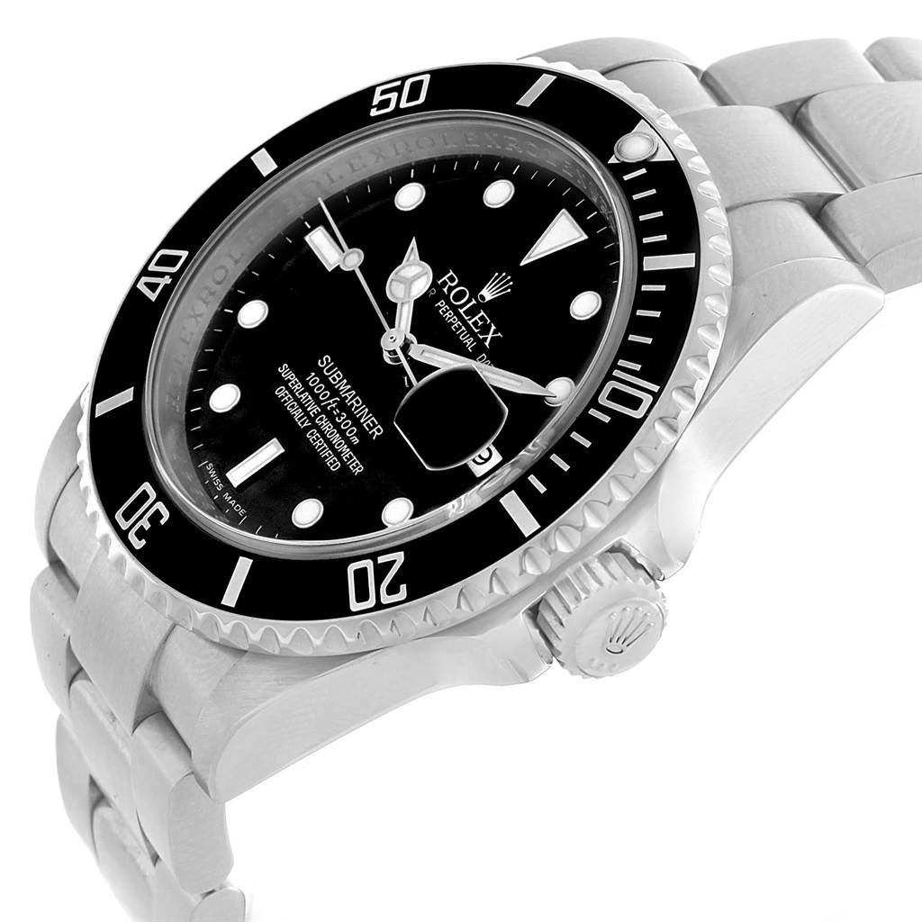 The image shows a top-front angled view of a Rolex Submariner 16610 Men's Stainless Steel Black Dial 16610 Men's Stainless Steel Black Dial watch, highlighting the bezel, dial, and part of the bracelet.