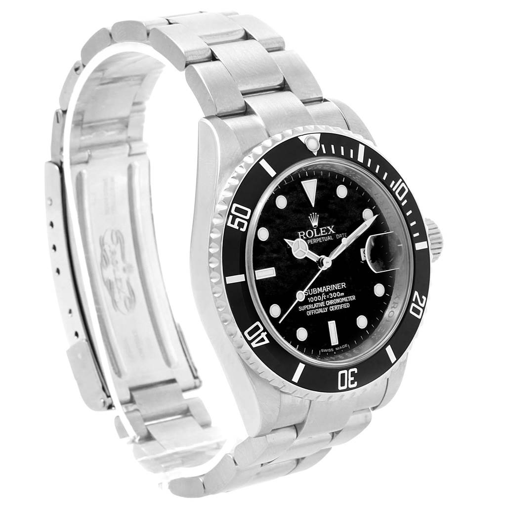 The image shows a Rolex Submariner 16610 Men's Stainless Steel Black Dial 16610 Men's Stainless Steel Black Dial watch from an angled side view, highlighting its black dial, bezel, and stainless steel bracelet.