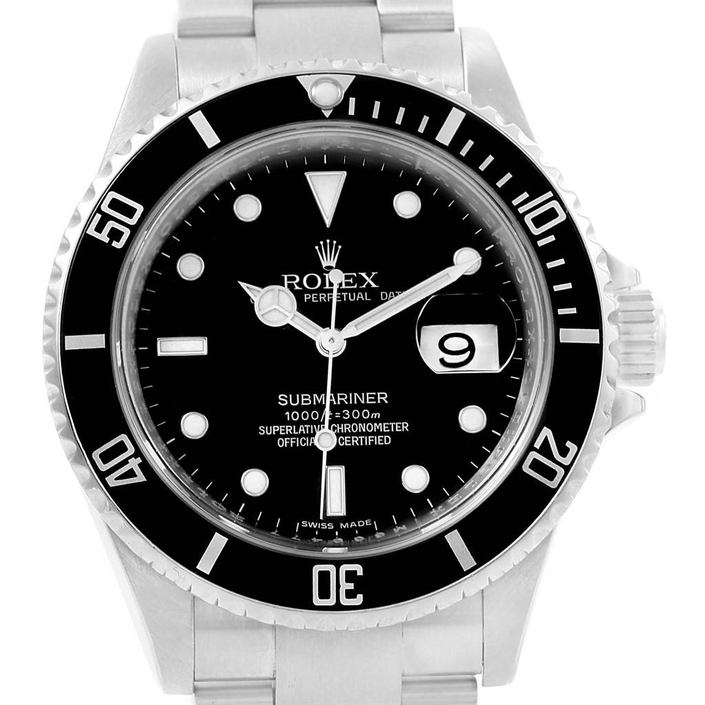 This image shows a front view of the Rolex Submariner 16610 Men's Stainless Steel Black Dial 16610 Men's Stainless Steel Black Dial watch, displaying the dial, bezel, case, and the metal bracelet.
