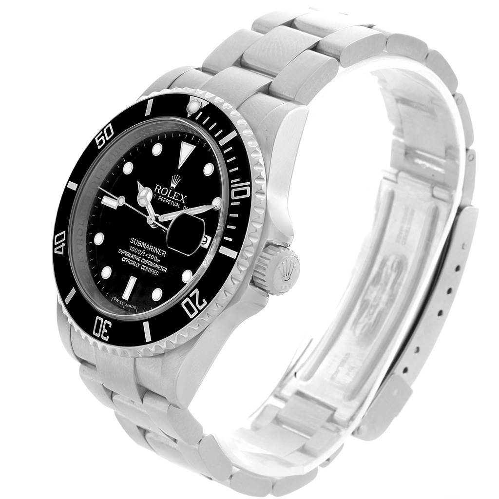 The Rolex Submariner 16610 Men's Stainless Steel Black Dial 16610 Men's Stainless Steel Black Dial watch is shown at an angle highlighting the dial, bezel, crown, and bracelet.