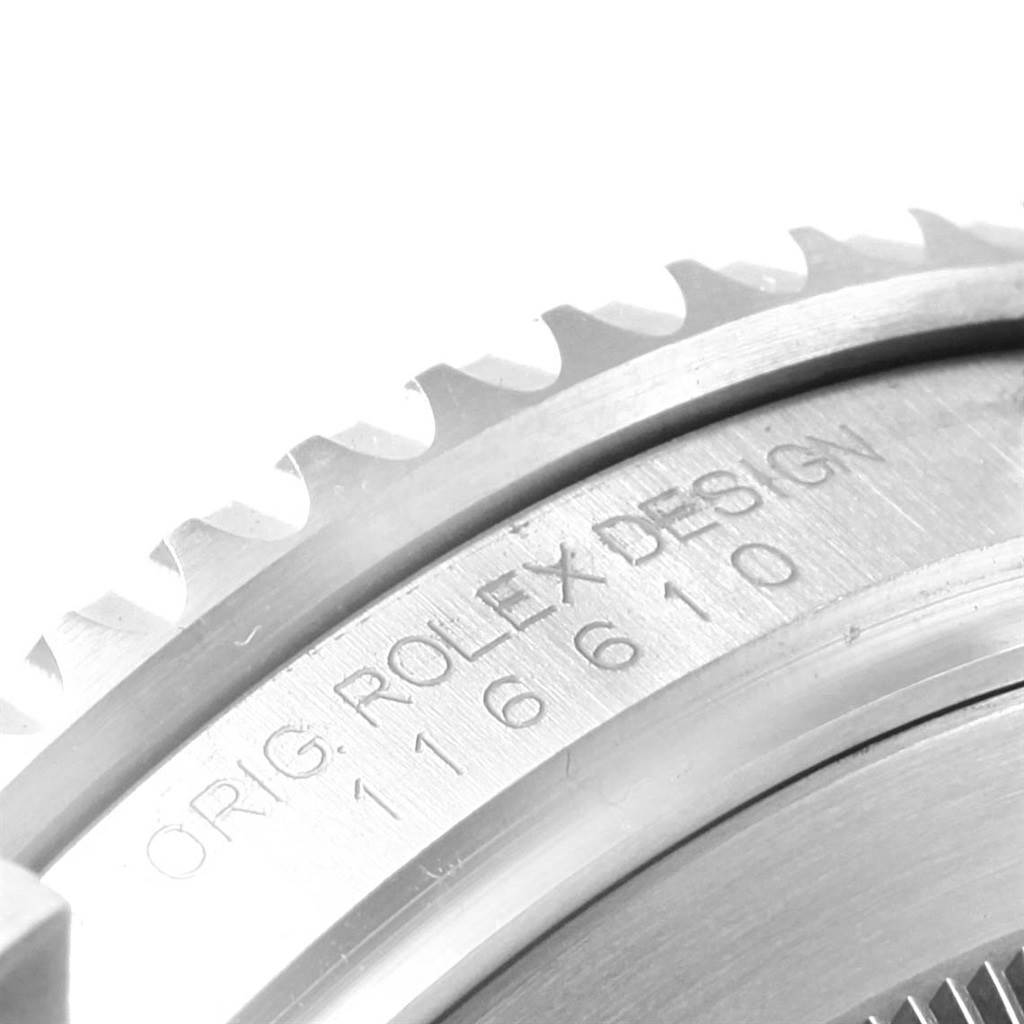 This image shows a close-up of the bezel and case side of the Rolex Submariner 116610 Men's Stainless Steel Black Dial 116610 Men's Stainless Steel Black Dial, highlighting the engraved model and branding.