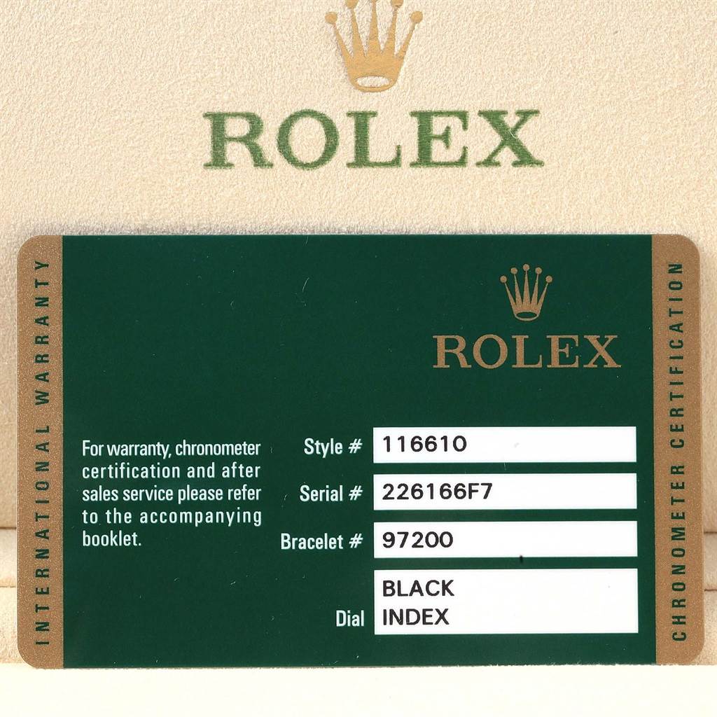 This image shows a warranty card for the Rolex Submariner 116610 Men's Stainless Steel Black Dial 116610 Men's Stainless Steel Black Dial model, displaying style, serial, and bracelet numbers, along with dial details.