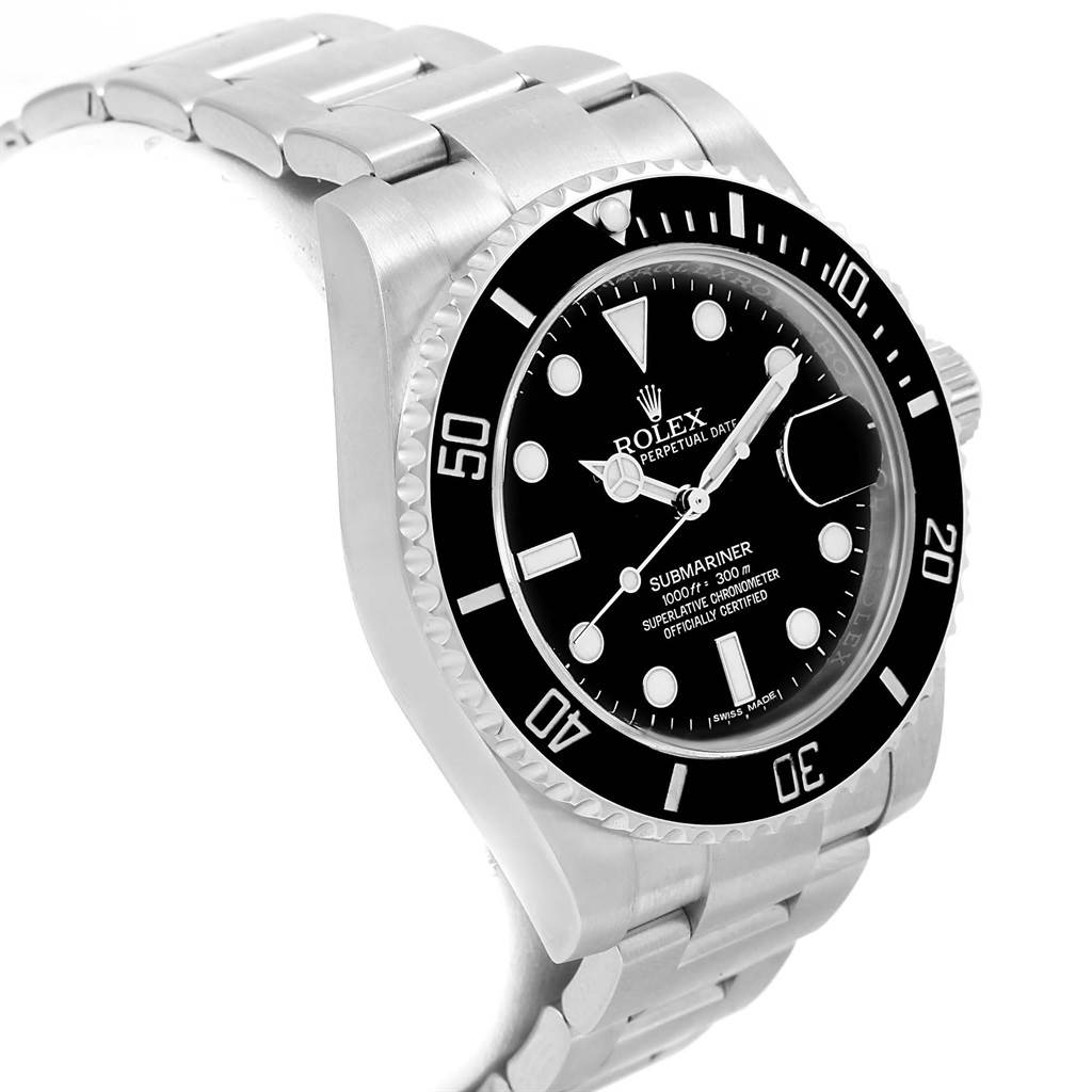 The image shows a Rolex Submariner 116610 Men's Stainless Steel Black Dial 116610 Men's Stainless Steel Black Dial watch at a three-quarter angle, highlighting its bezel, dial, and part of its bracelet.