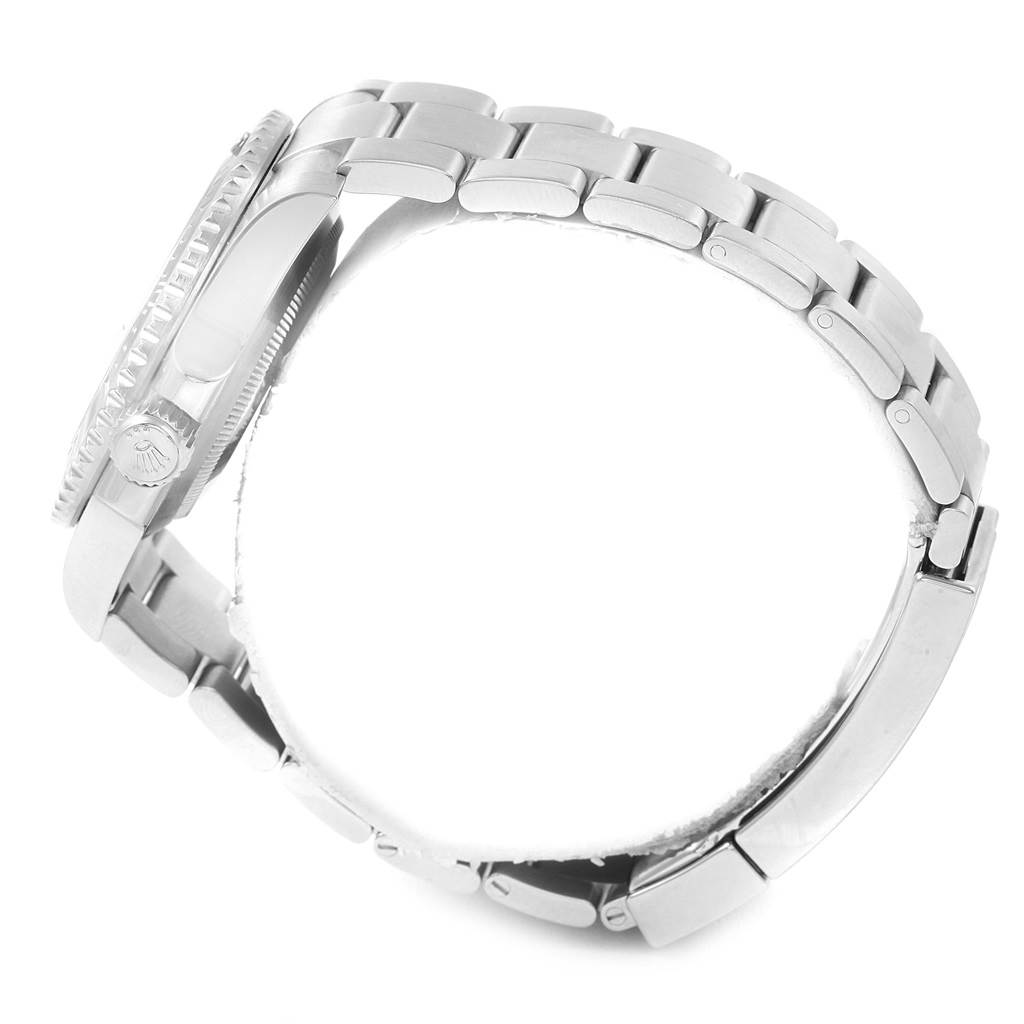 This side-view image of a Rolex Submariner 116610 Men's Stainless Steel Black Dial 116610 Men's Stainless Steel Black Dial watch shows the crown, bezel, and bracelet links.