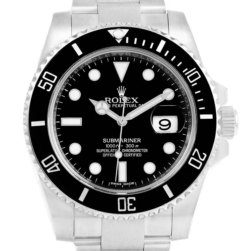 The image shows a front view of a Rolex Submariner 116610 Men's Stainless Steel Black Dial 116610 Men's Stainless Steel Black Dial watch, displaying the dial, bezel, crown, and part of the bracelet.