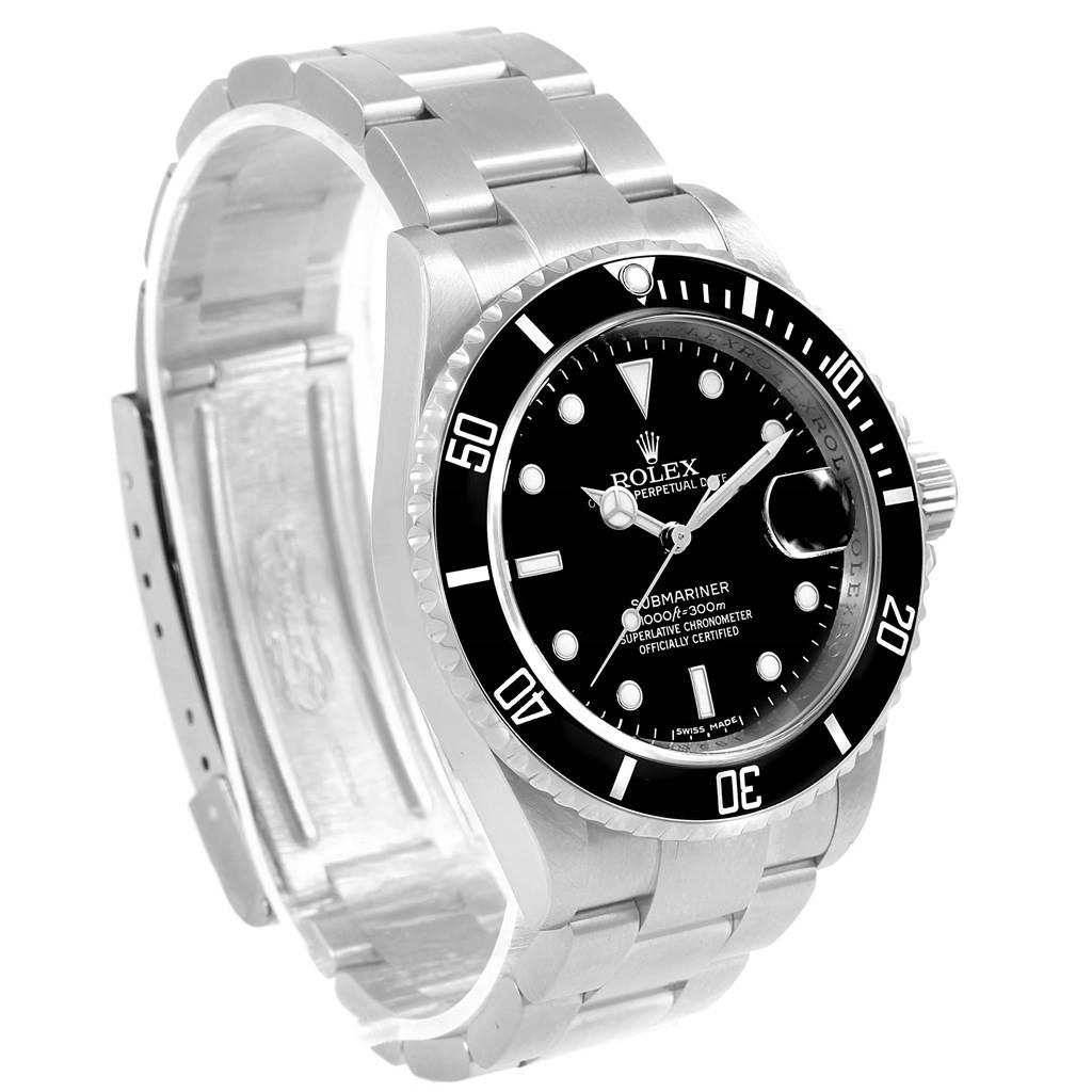 The image shows a Rolex Submariner 16610 Men's Stainless Steel Black Dial 16610 Men's Stainless Steel Black Dial watch at a three-quarter angle, highlighting its face, bezel, and bracelet.