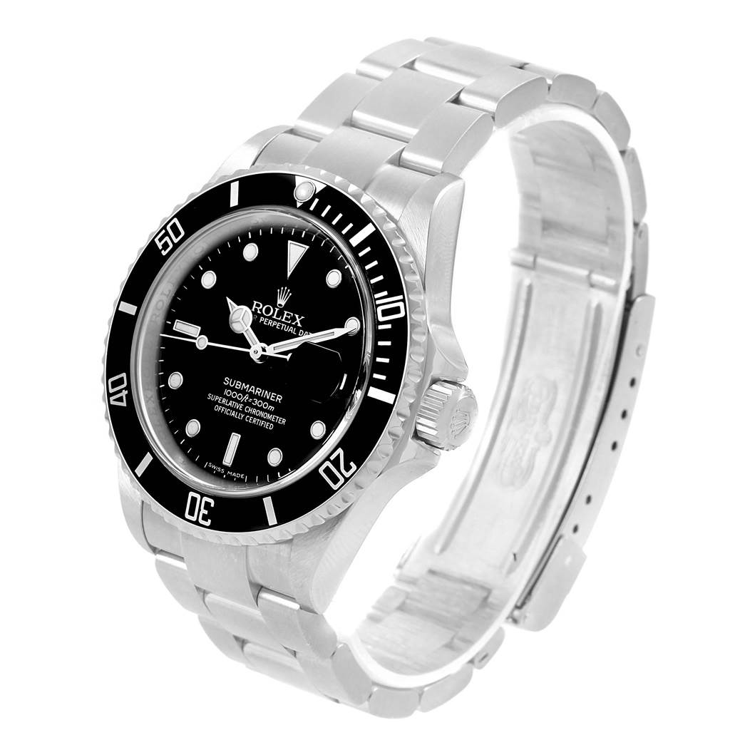 The Rolex Submariner 16610 Men's Stainless Steel Black Dial 16610 Men's Stainless Steel Black Dial watch is shown at an oblique angle, highlighting the face, bezel, and stainless steel bracelet.