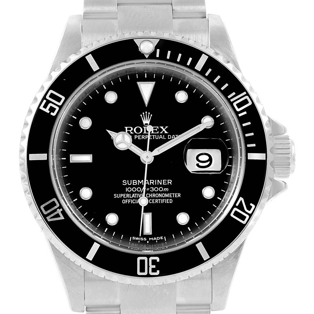 This image shows a frontal view of a Rolex Submariner 16610 Men's Stainless Steel Black Dial 16610 Men's Stainless Steel Black Dial watch, displaying the black dial, bezel, and metal bracelet.