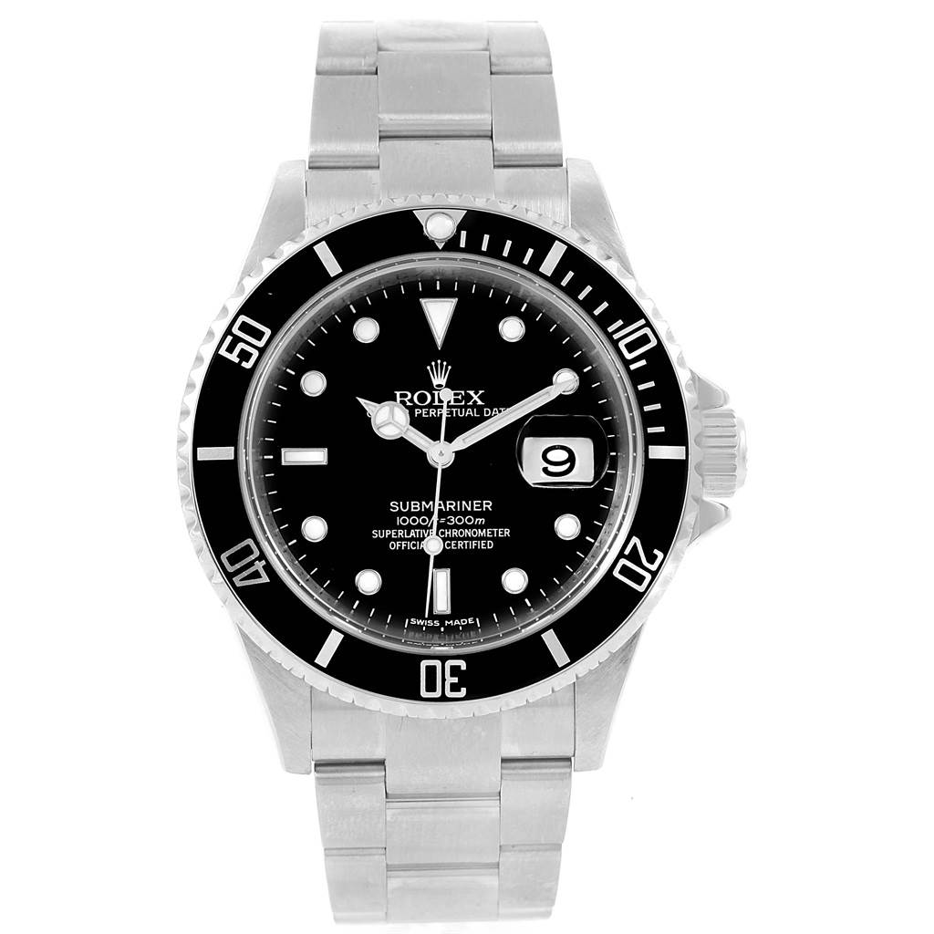 The image shows a front view of a Rolex Submariner 16610 Men's Stainless Steel Black Dial 16610 Men's Stainless Steel Black Dial watch, displaying the dial, bezel, bracelet, and date window.