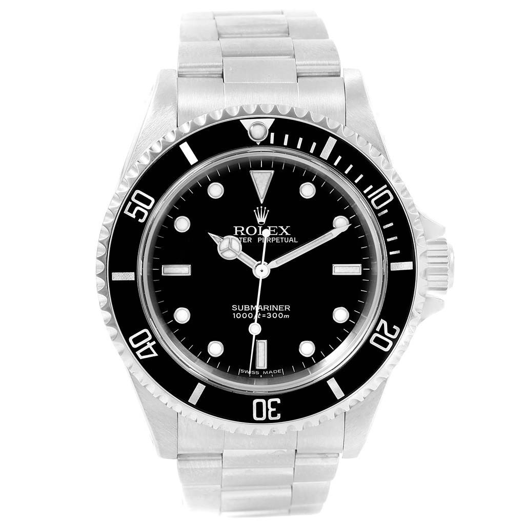 The image shows a front view of a Rolex Submariner 14060 Men's Stainless Steel Black Dial 14060 Men's Stainless Steel Black Dial watch, displaying the dial, bezel, and bracelet.