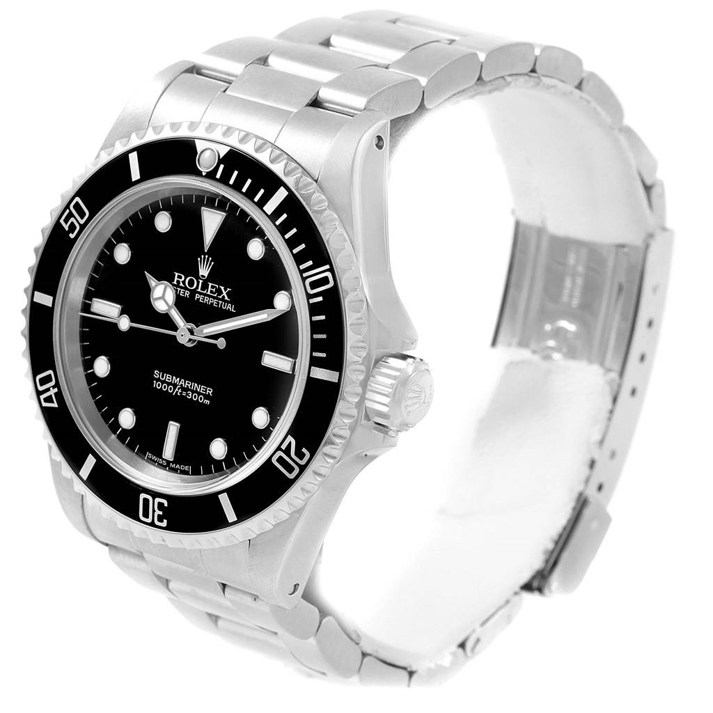 The Rolex Submariner 14060 Men's Stainless Steel Black Dial 14060 Men's Stainless Steel Black Dial watch is shown at a slight angle, displaying the face, bezel, crown, and part of the bracelet.