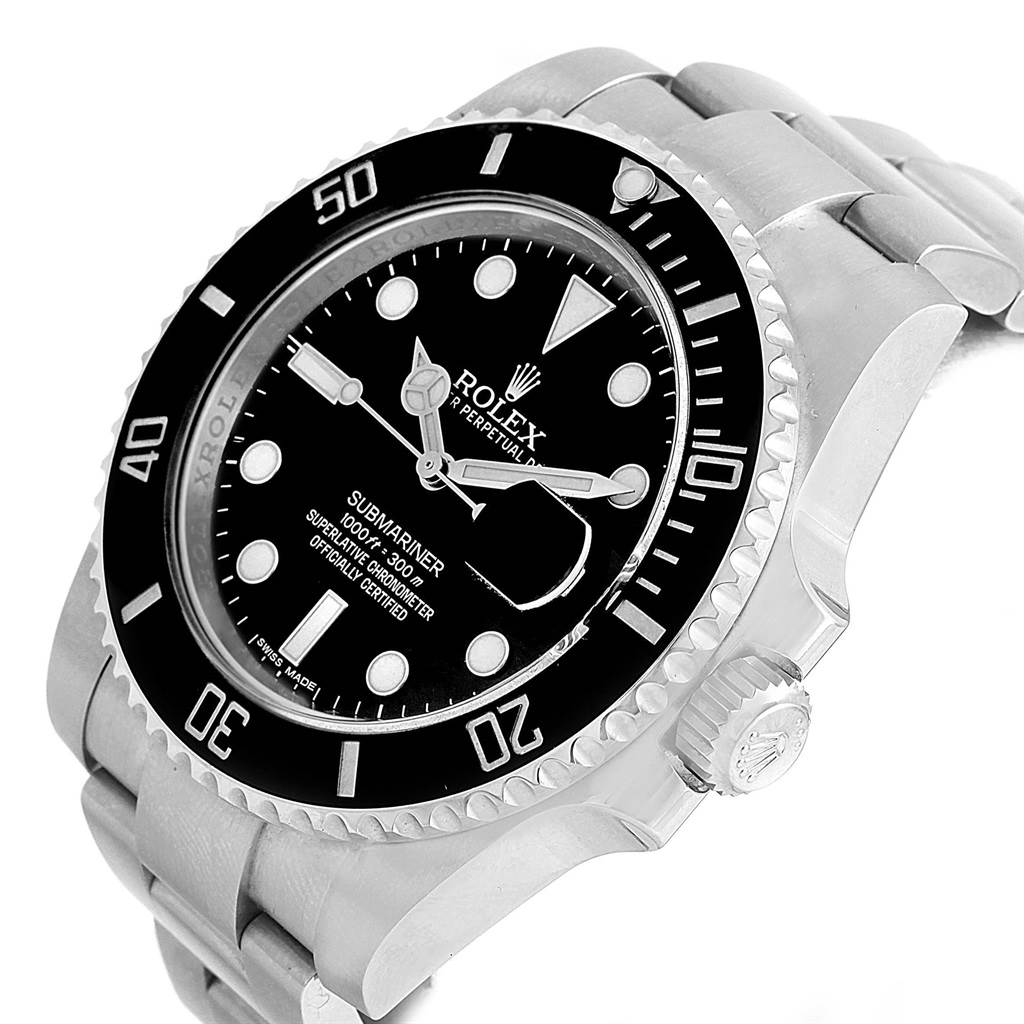The image shows a close-up angle of a Rolex Submariner 116610 Men's Stainless Steel Black Dial 116610 Men's Stainless Steel Black Dial watch, detailing its bezel, dial, crown, and part of its bracelet.