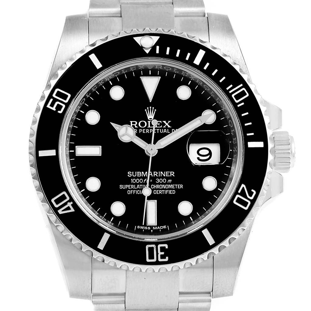 The image shows the front face view of a Rolex Submariner 116610 Men's Stainless Steel Black Dial 116610 Men's Stainless Steel Black Dial watch, highlighting its dial, bezel, hands, and date window.