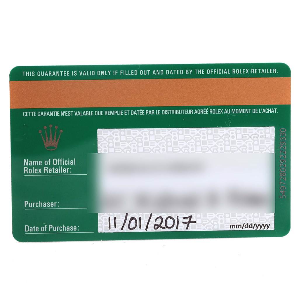 This image shows the warranty card for a Rolex Submariner 116610 Men's Stainless Steel Black Dial 116610 Men's Stainless Steel Black Dial watch, including fields for the retailer's name, purchase date, and other details.