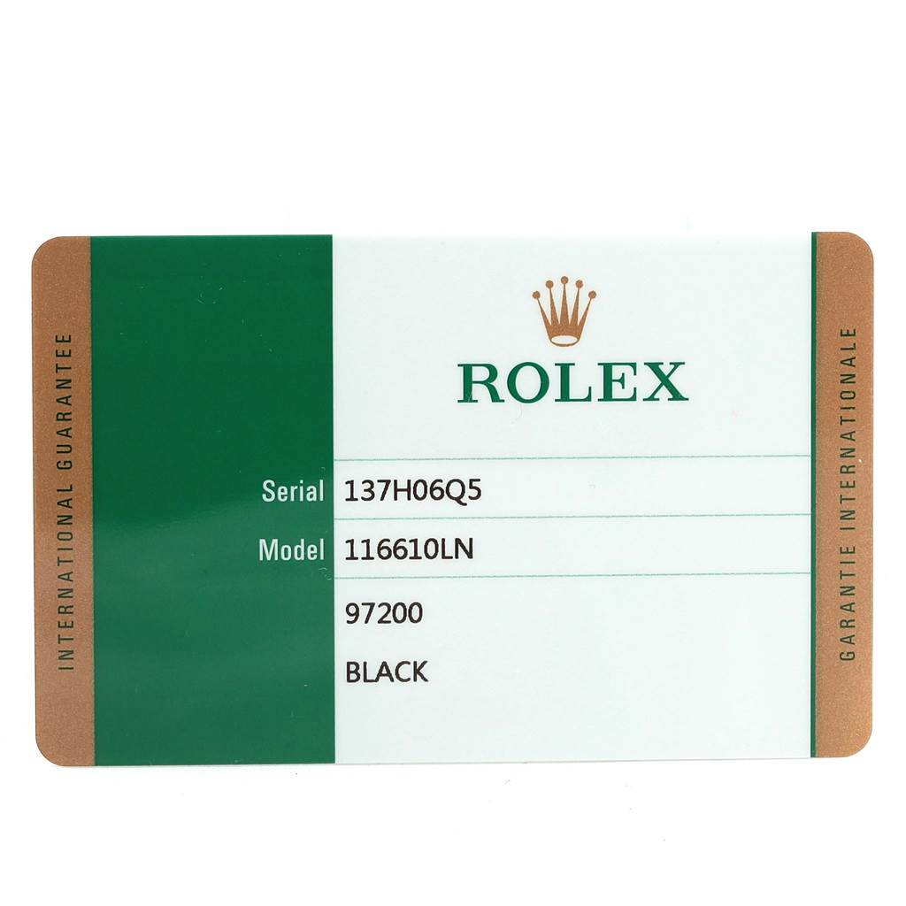 This image shows the international guarantee card for a Rolex Submariner 116610 Men's Stainless Steel Black Dial 116610 Men's Stainless Steel Black Dial model 116610LN watch.