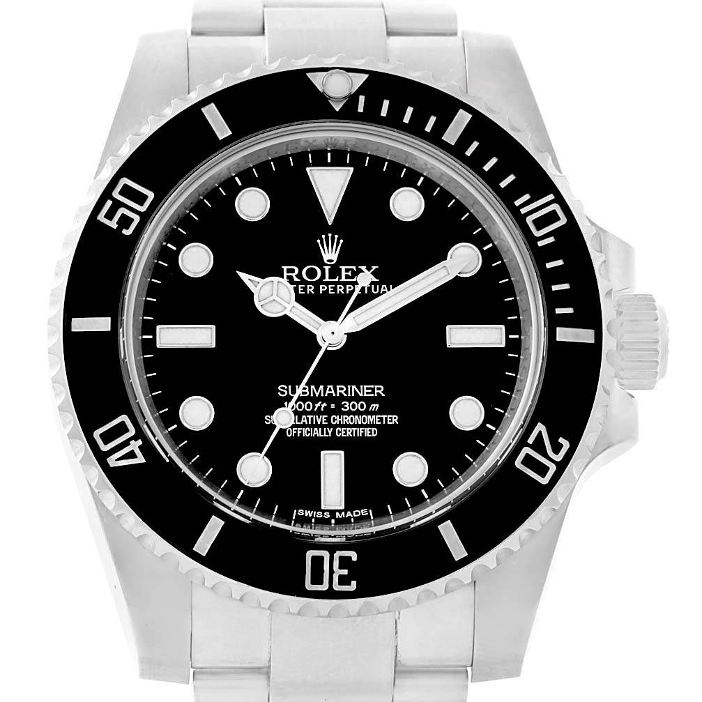 The image shows a front view of a Rolex Submariner 114060 Men's Stainless Steel Black Dial 114060 Men's Stainless Steel Black Dial watch, displaying the dial, bezel, and part of the bracelet.