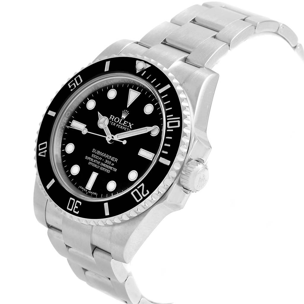 The Rolex Submariner 114060 Men's Stainless Steel Black Dial 114060 Men's Stainless Steel Black Dial watch is displayed at a three-quarter angle, showing the dial, bezel, crown, and bracelet.