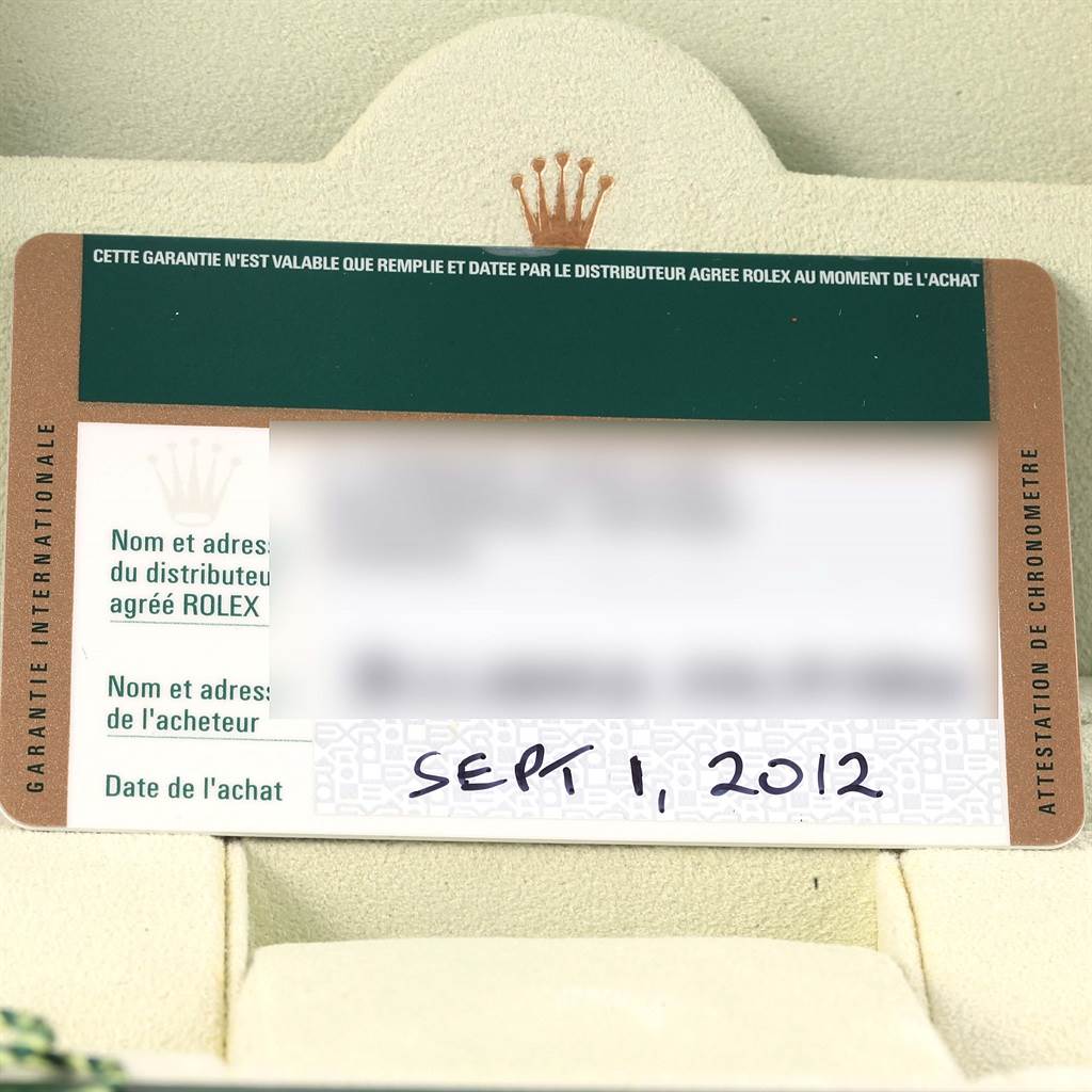 This image shows an international guarantee card for a Rolex Submariner 116610 Men's Stainless Steel Black Dial 116610 Men's Stainless Steel Black Dial watch, including purchase details and a date.