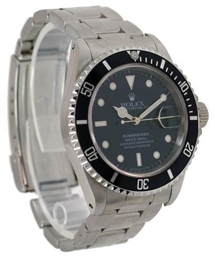 The image shows a Rolex Submariner 16610 Men's Stainless Steel Black Dial 16610 Men's Stainless Steel Black Dial watch at a 3/4 angle, displaying the face, bezel, crown, and part of the stainless steel bracelet.