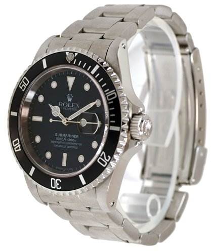The image shows a Rolex Submariner 16610 Men's Stainless Steel Black Dial 16610 Men's Stainless Steel Black Dial watch from a frontal and slightly angled side view, highlighting the bezel, dial, bracelet, and crown.