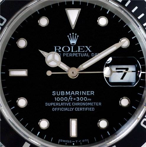 This image shows the face of a Rolex Submariner 16610 Men's Stainless Steel Black Dial 16610 Men's Stainless Steel Black Dial watch, including hands, date, and dial details, viewed from the front.