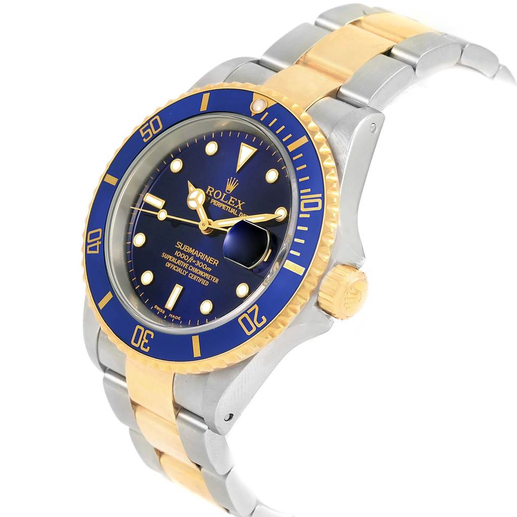 This image shows a side angle of a Rolex Submariner 16613 Men's Steel and Gold (two tone) Blue Dial 16613 Men's Steel and Gold (two tone) Blue Dial watch, displaying its two-tone band, blue dial, and bezel.