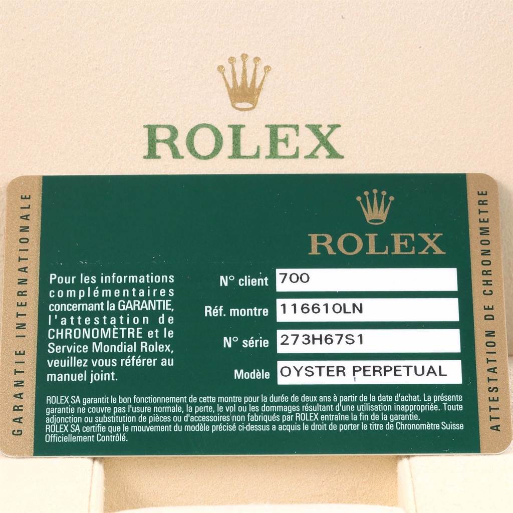 The image shows a warranty card for the Rolex Submariner 116610 Men's Stainless Steel Black Dial 116610 Men's Stainless Steel Black Dial model, including reference number 116610LN and model name Oyster Perpetual.