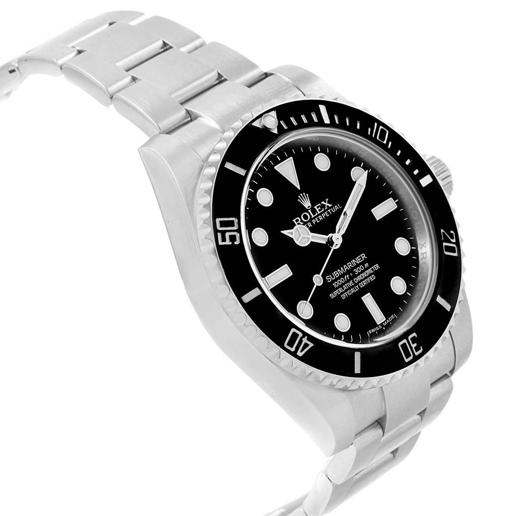 The Rolex Submariner 114060 Men's Stainless Steel Black Dial 114060 Men's Stainless Steel Black Dial watch is shown from an angled side view, displaying the metal bracelet, bezel, and black dial.