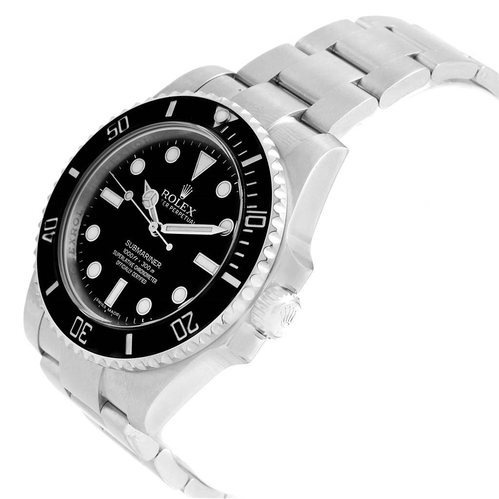 The image shows a side-angle view of the Rolex Submariner 114060 Men's Stainless Steel Black Dial 114060 Men's Stainless Steel Black Dial watch displaying its dial, bezel, case, and portion of the bracelet.