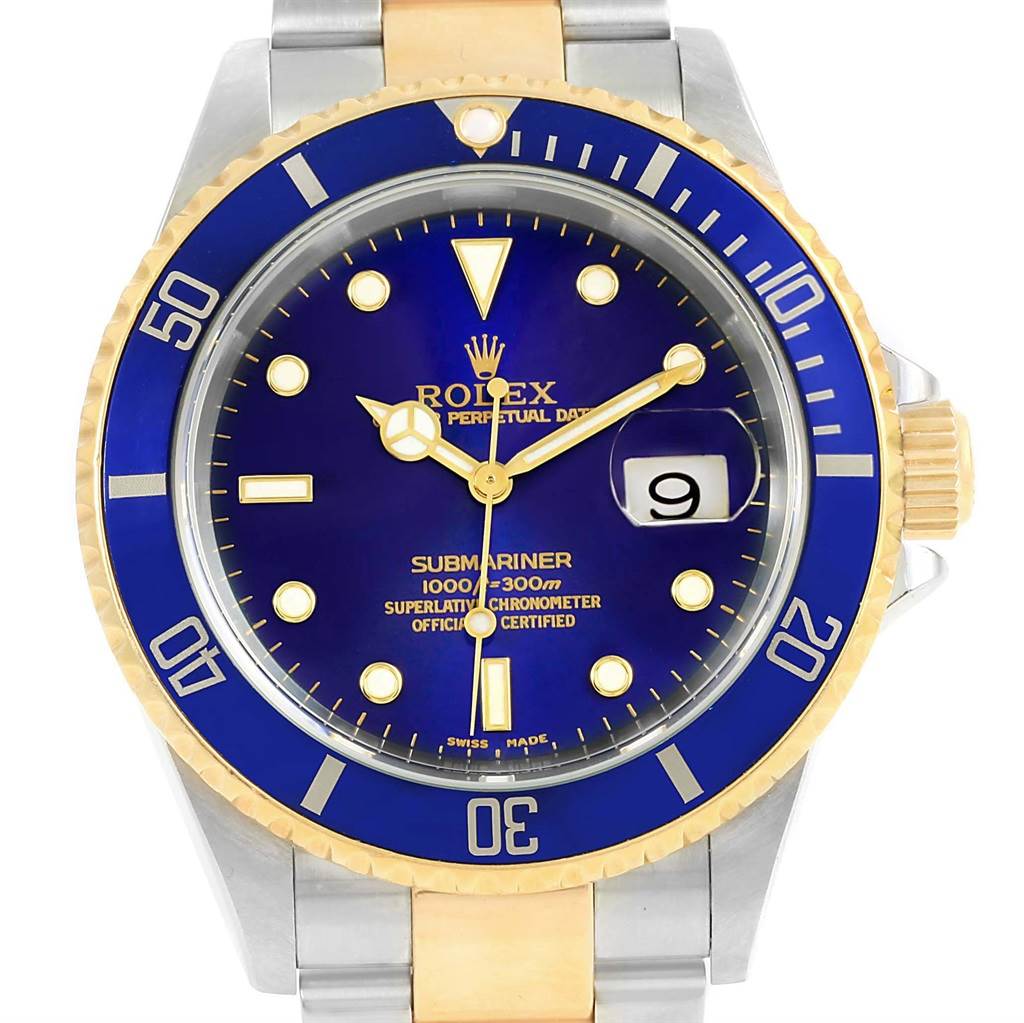 The image shows a front view of the Rolex Submariner 16613 Men's Steel and Gold (two tone) Blue Dial 16613 Men's Steel and Gold (two tone) Blue Dial watch, highlighting the blue dial, gold accents, bezel, and bracelet.