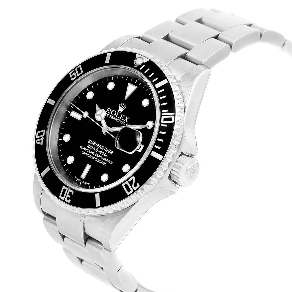 The image shows a Rolex Submariner 16610 Men's Stainless Steel Black Dial 16610 Men's Stainless Steel Black Dial watch at an angled view, highlighting its black dial, bezel, and stainless steel bracelet.