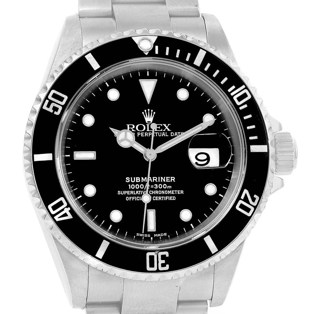 The image shows a front view of the Rolex Submariner 16610 Men's Stainless Steel Black Dial 16610 Men's Stainless Steel Black Dial watch face, bezel, and part of the bracelet.