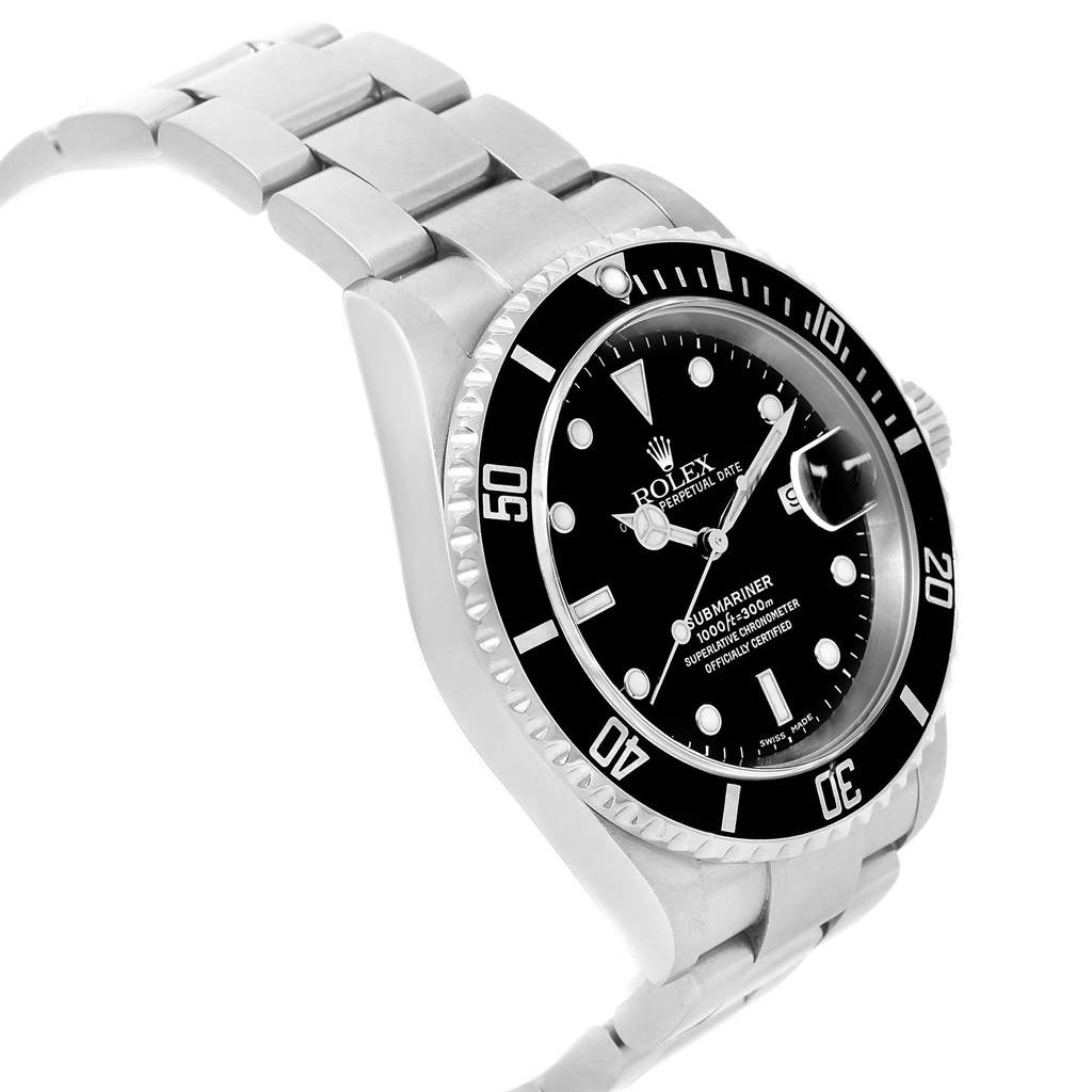 The image shows a Rolex Submariner 16610 Men's Stainless Steel Black Dial 16610 Men's Stainless Steel Black Dial watch at a three-quarter angle, highlighting its black dial, bezel, and stainless steel bracelet.