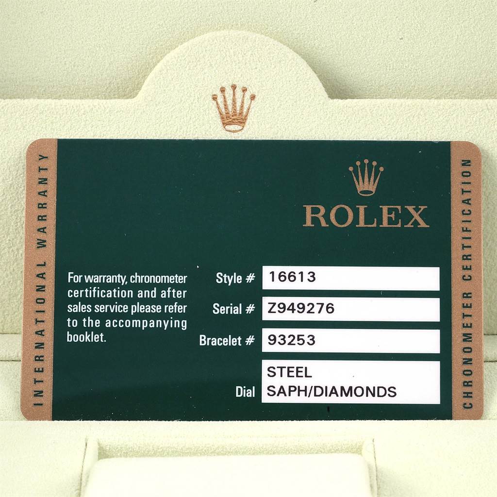 This image shows a warranty card for a Rolex Submariner 16613 Men's Steel and Gold (two tone) Grey Dial 16613 Men's Steel and Gold (two tone) Grey Dial watch, listing the style, serial, bracelet numbers, and dial material.
