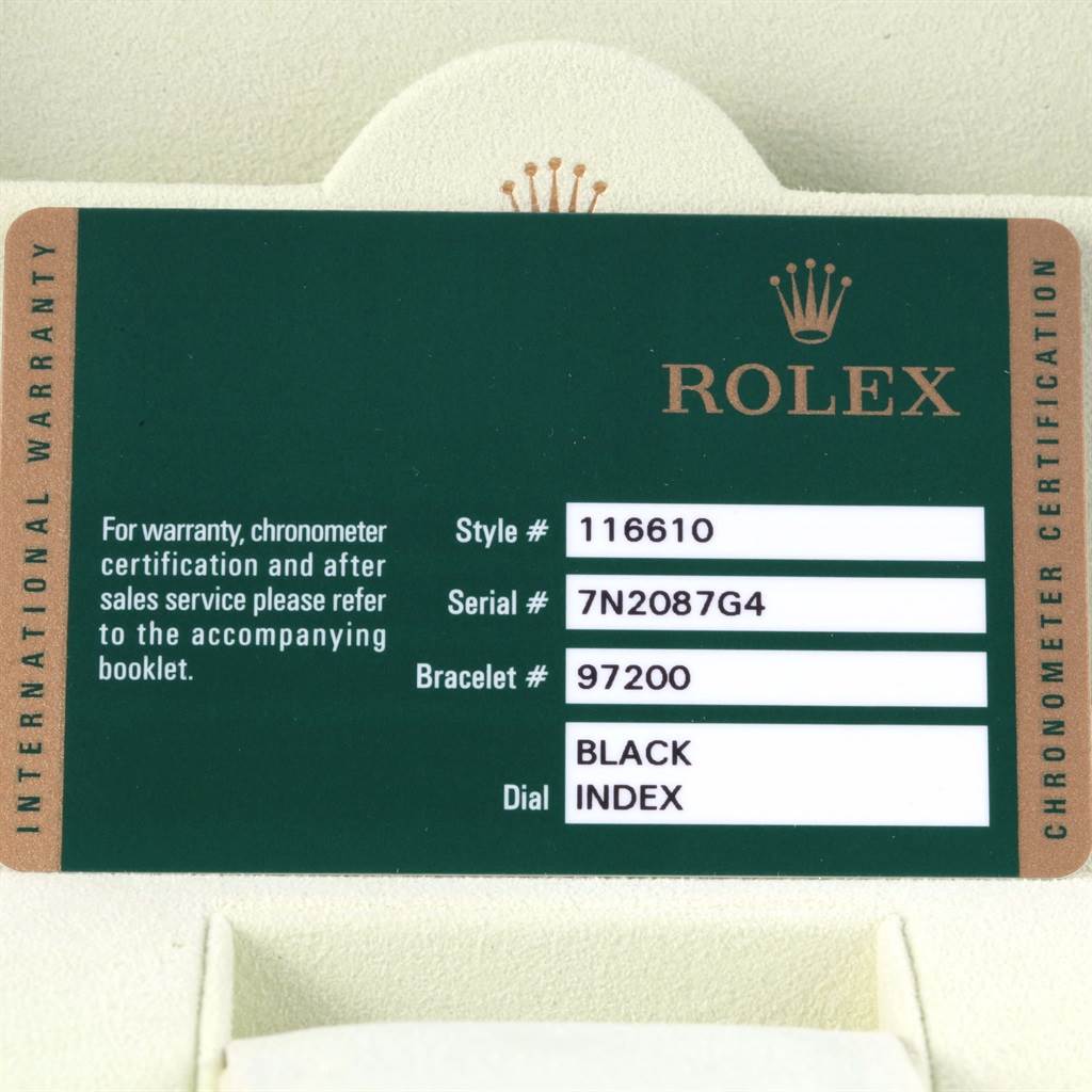 The image shows the warranty card for a Rolex Submariner 116610 Men's Stainless Steel Black Dial 116610 Men's Stainless Steel Black Dial, displaying style, serial, bracelet numbers, and dial details.