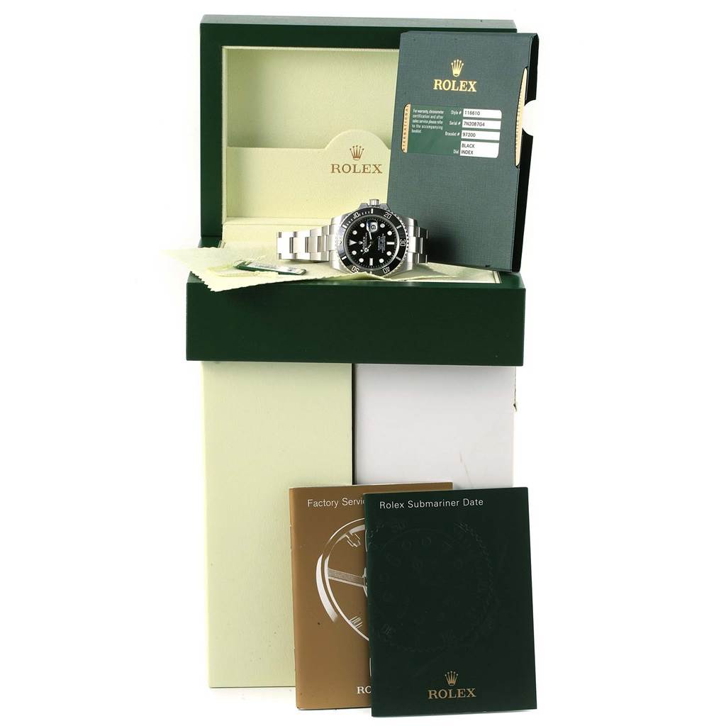 The image shows a Rolex Submariner 116610 Men's Stainless Steel Black Dial 116610 Men's Stainless Steel Black Dial watch from a front angle, including its box and associated documentation.