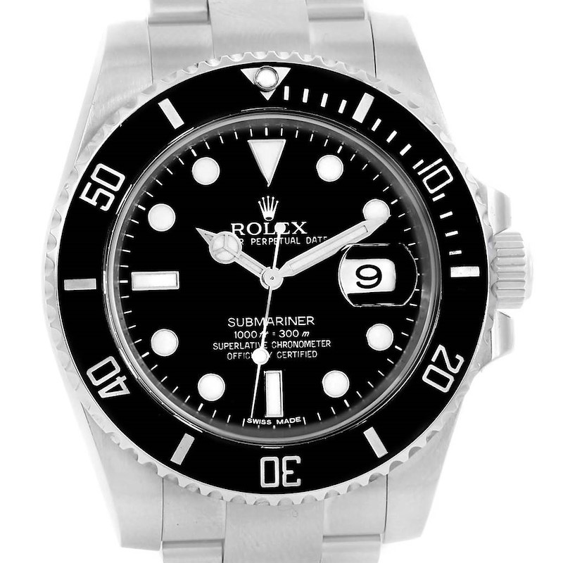 The image shows a front view of the Rolex Submariner, highlighting its dial, bezel, and part of its stainless steel bracelet.