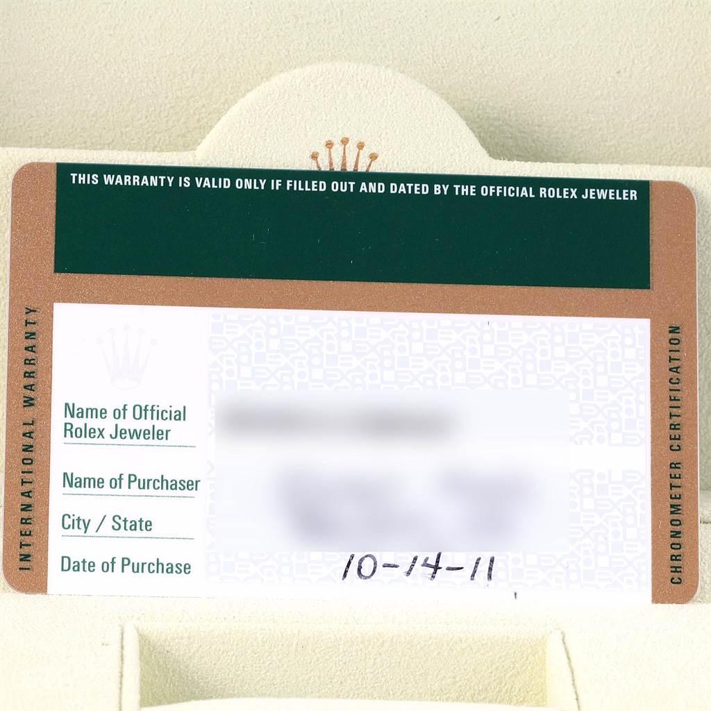The image shows an official Rolex warranty card for the Rolex Submariner 116610 Men's Stainless Steel Black Dial 116610 Men's Stainless Steel Black Dial model, including purchase details and certification.