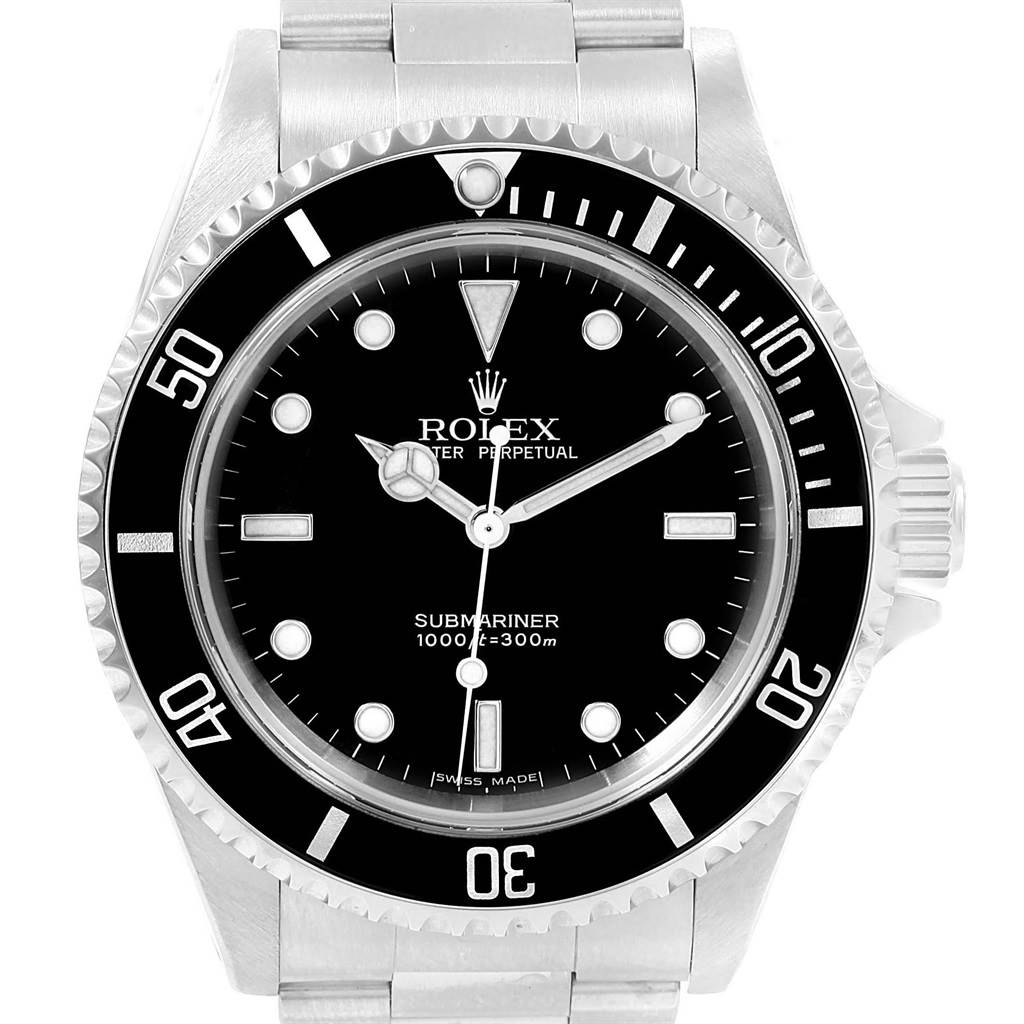 The image shows a front view of the Rolex Submariner 14060 Men's Stainless Steel Black Dial 14060 Men's Stainless Steel Black Dial watch, highlighting its black dial, rotating bezel, and silver bracelet.