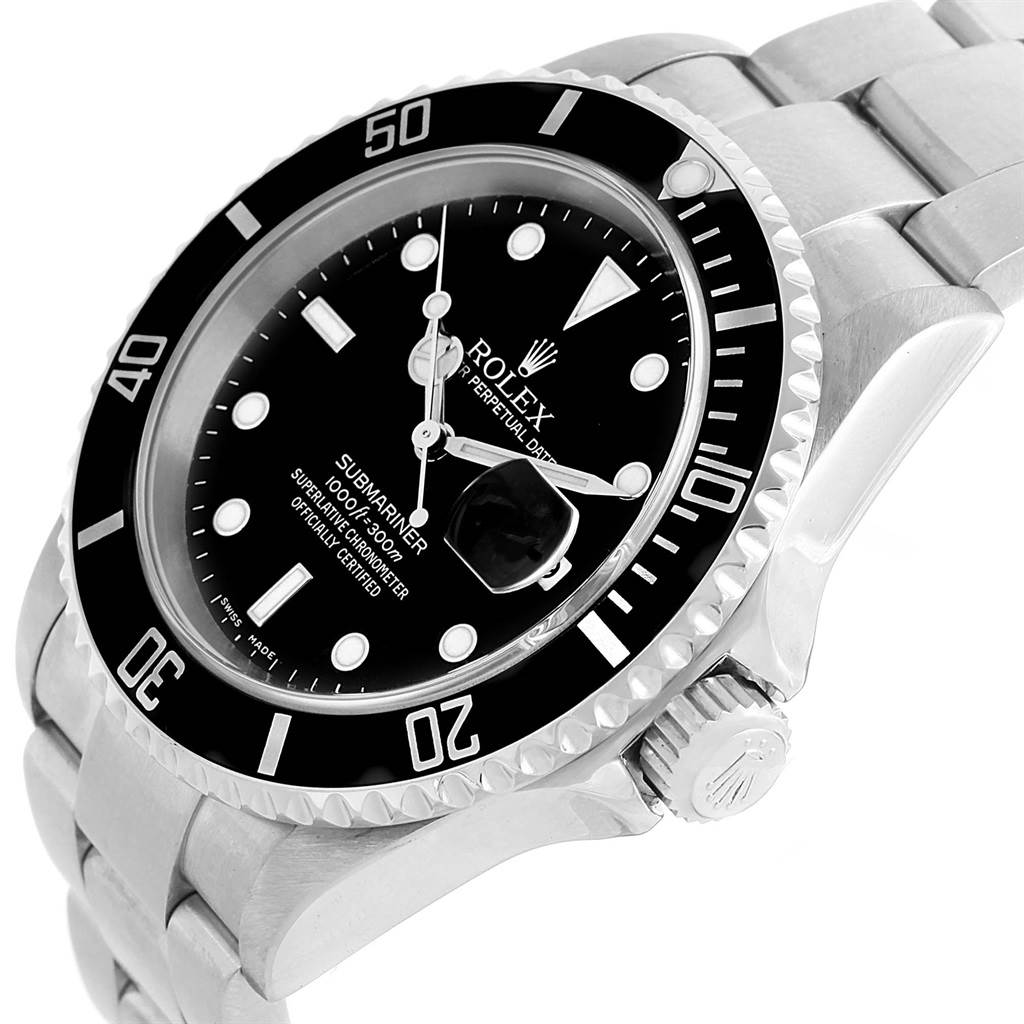 The image shows a Rolex Submariner 16610 Men's Stainless Steel Black Dial 16610 Men's Stainless Steel Black Dial watch from a slight side angle, highlighting the bezel, dial, and part of the bracelet.