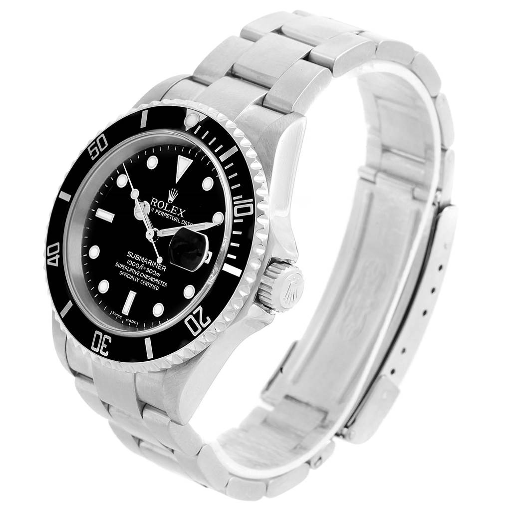 This angle shows the face, bezel, crown, and part of the bracelet of the Rolex Submariner 16610 Men's Stainless Steel Black Dial 16610 Men's Stainless Steel Black Dial watch.