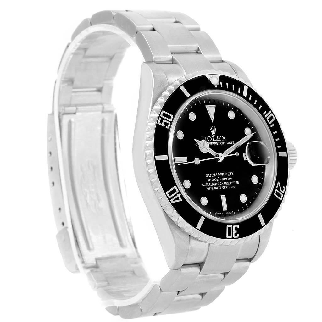 This image shows a side angle view of a Rolex Submariner 16610 Men's Stainless Steel Black Dial 16610 Men's Stainless Steel Black Dial watch displaying the face, bezel, crown, and part of the bracelet.