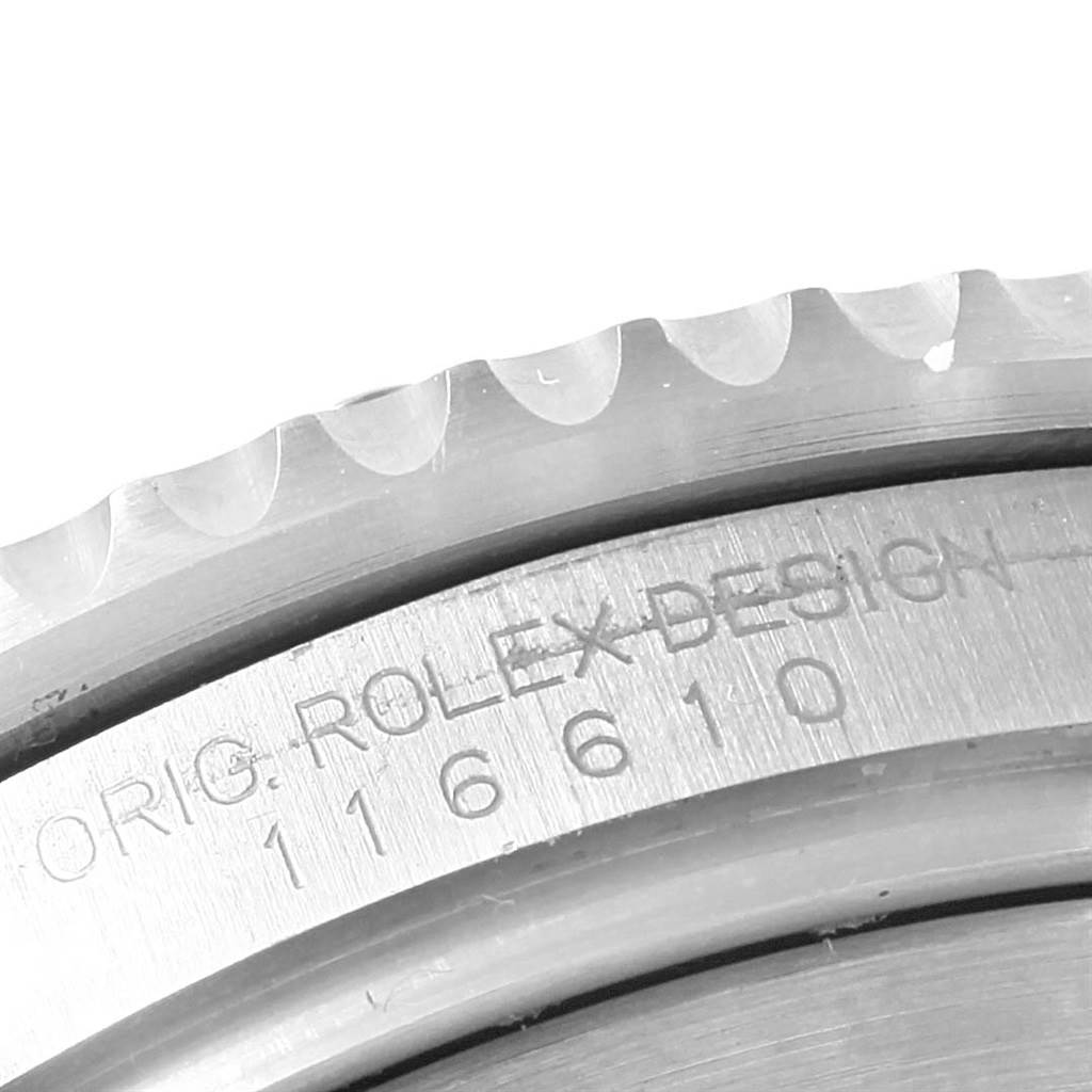 The image shows a close-up of the side of a Rolex Submariner 116610 Men's Stainless Steel Black Dial 116610 Men's Stainless Steel Black Dial watch, highlighting the engraved model number and "Rolex Design."