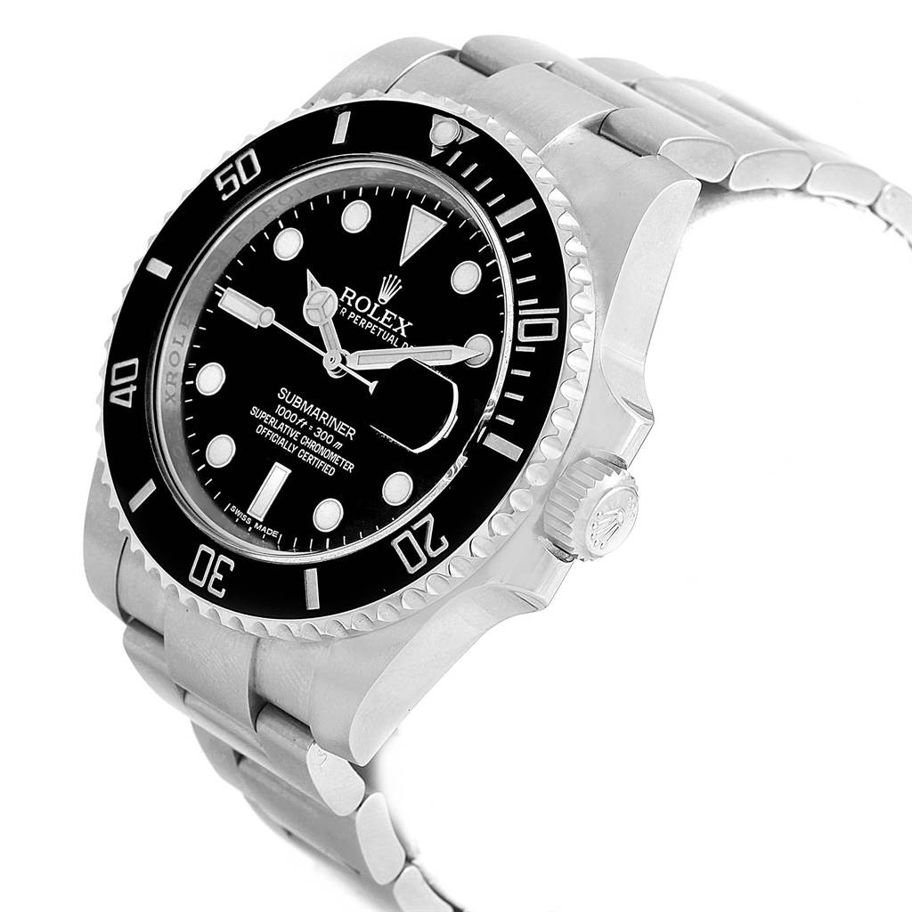 This is a Rolex Submariner 116610 Men's Stainless Steel Black Dial 116610 Men's Stainless Steel Black Dial watch shown from an angled side view highlighting the dial, bezel, and part of the bracelet.